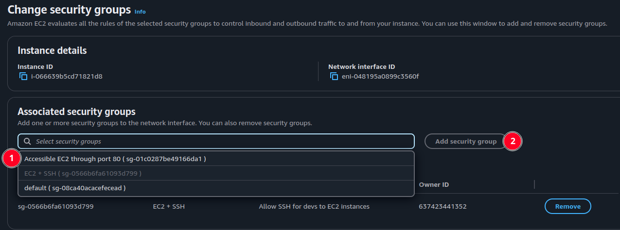 Change security groups page