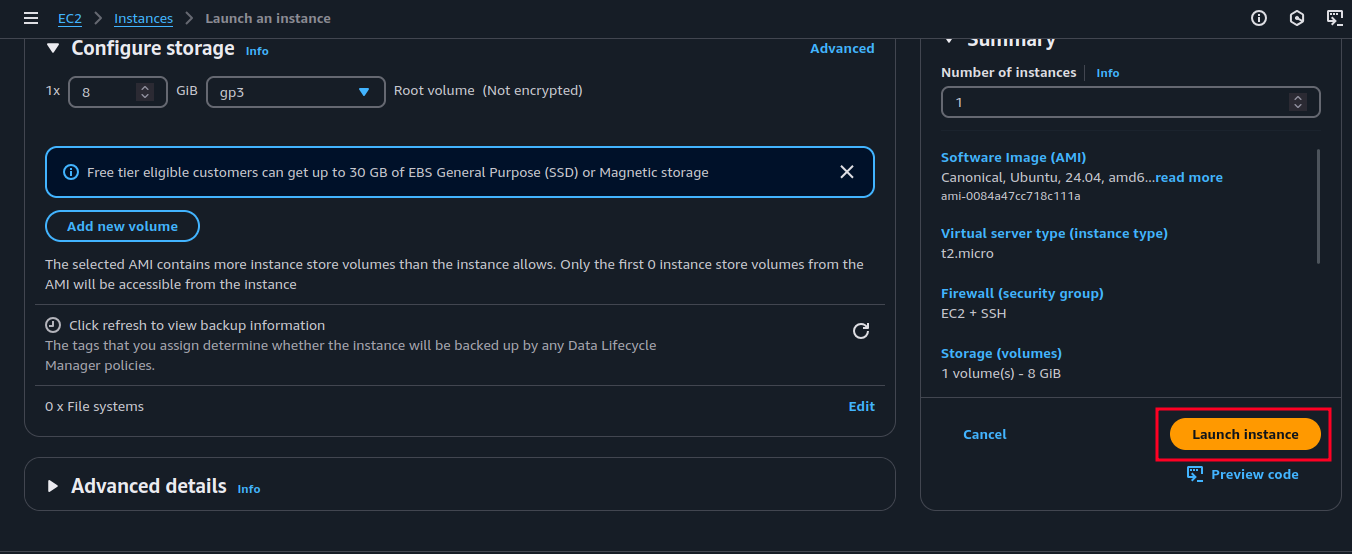 Final launch instance button