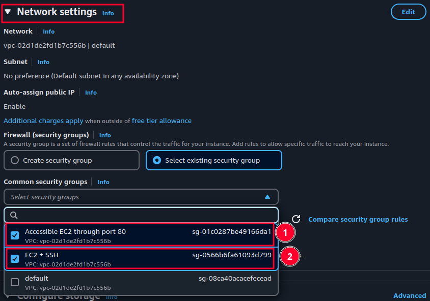 Choose a security group which allows Inbound SSH requests + requests to port 80