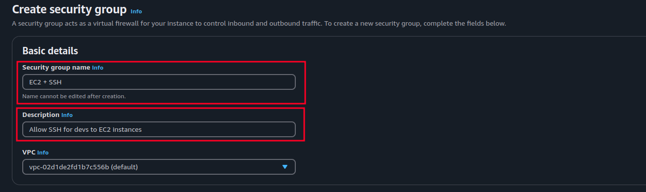 Security group name and description