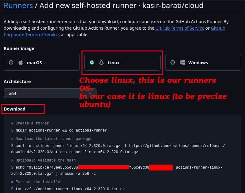 choose linux self hosted runner