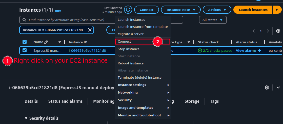 Connect to EC2 instance option in menu