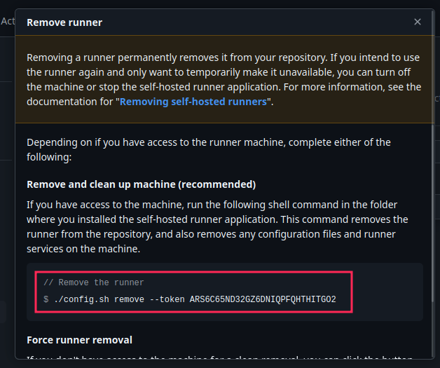 Delete self-hosted runner command