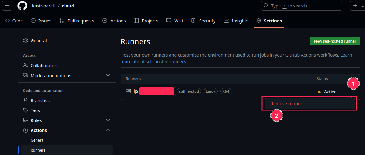 Delete self-hosted runner step #1
