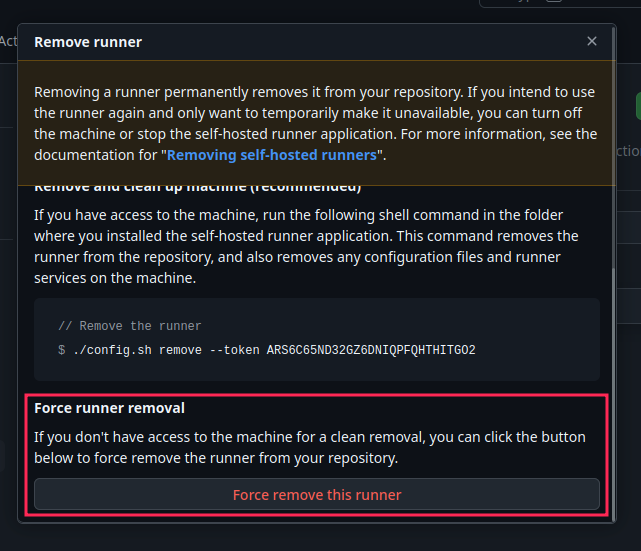 forcefully removing self-hosted runner
