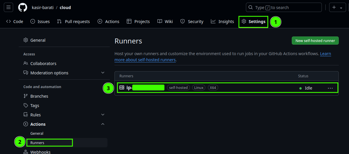 Final result, you can see your newly configured self hosted runner in settings page