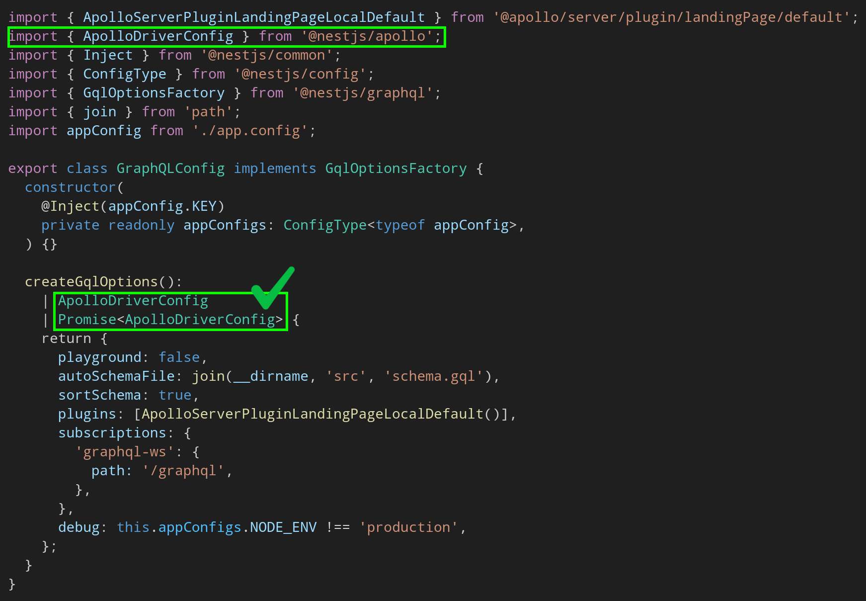 Use ApolloDriverConfig exported from @nestjs/apollo