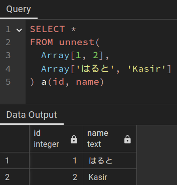 SELECT * FROM unnest(Array[1, 2], Array['はると', 'Kasir']) a(id, name)